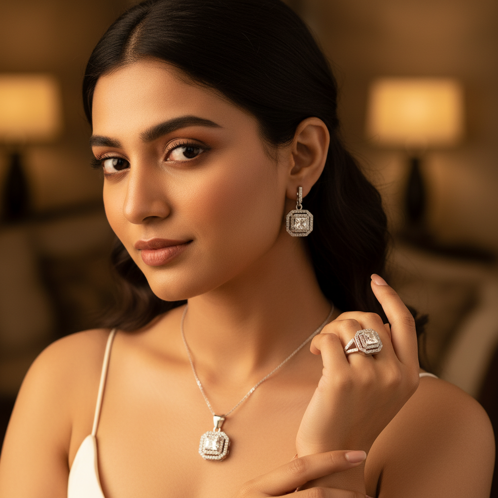 925 Silver Cubic Zirconia Jewelry Set | Earrings, Ring & Pendant