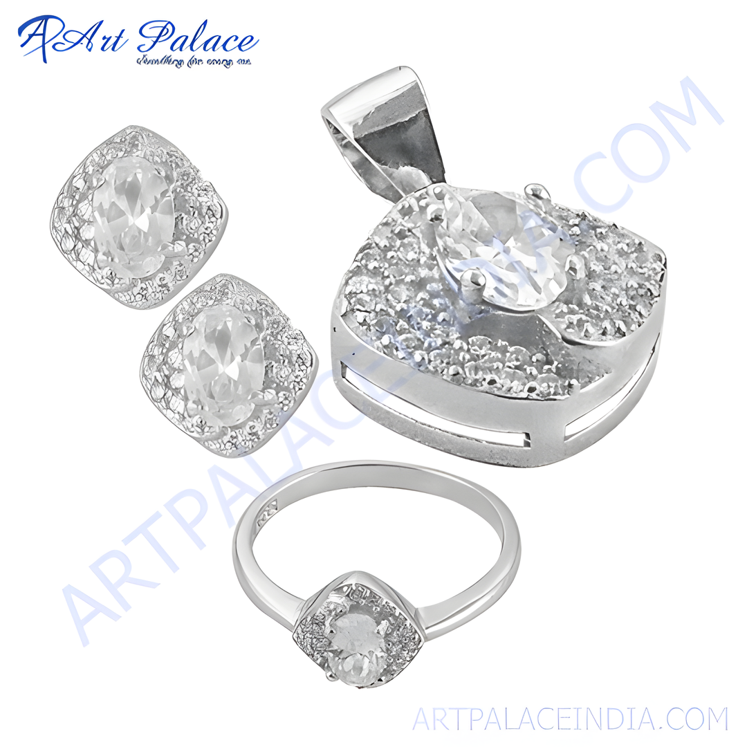 925 sterling silver jewelry set featuring cubic zirconia stones, including earrings, pendant, and ring