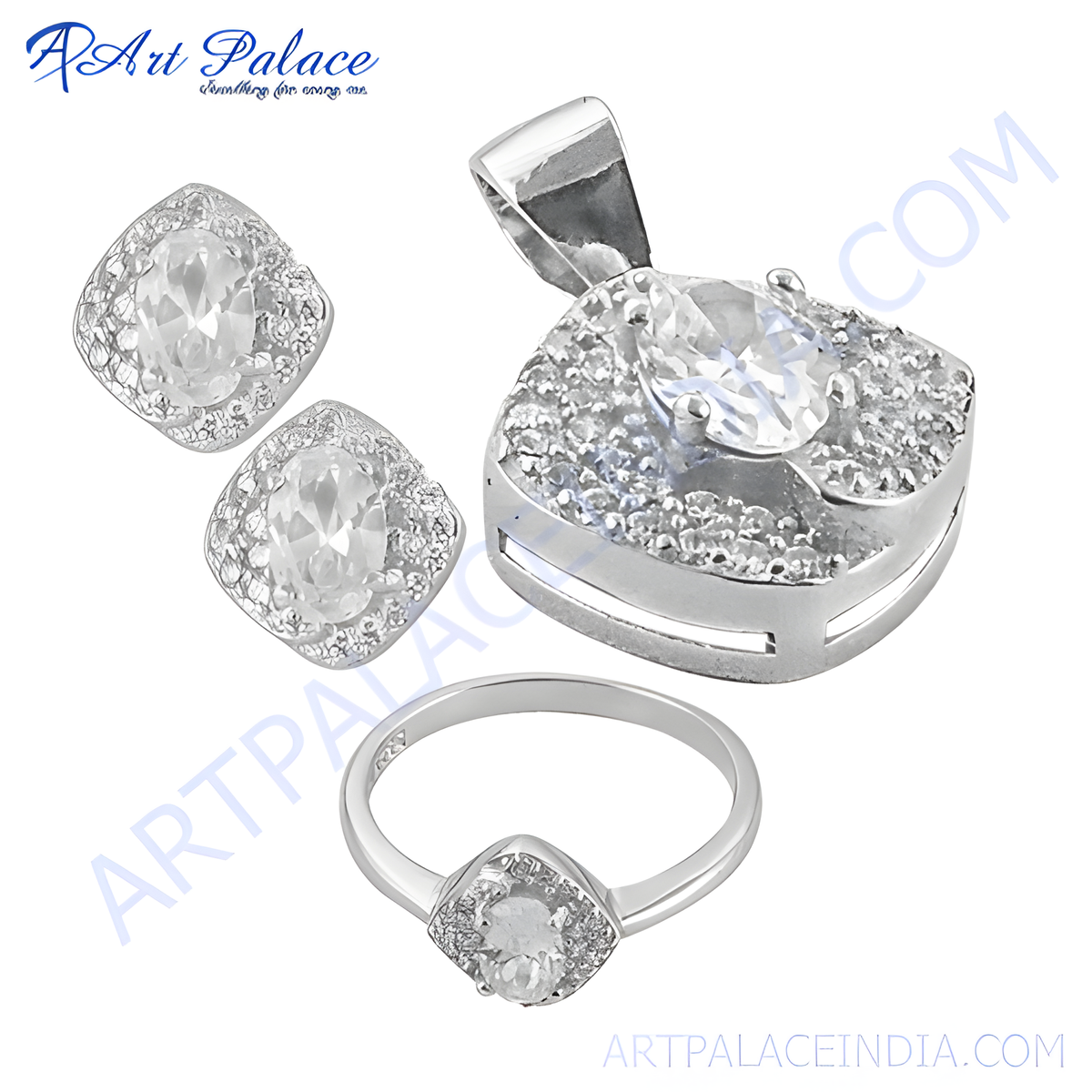 925 sterling silver jewelry set featuring cubic zirconia stones, including earrings, pendant, and ring