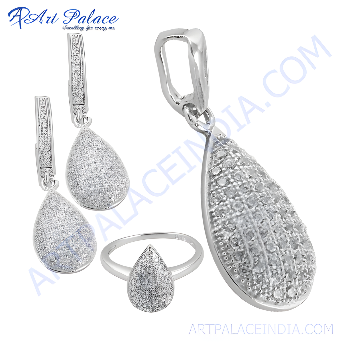 925 sterling silver jewelry set with teardrop shaped cubic zirconia stones: earrings, pendant, and ring