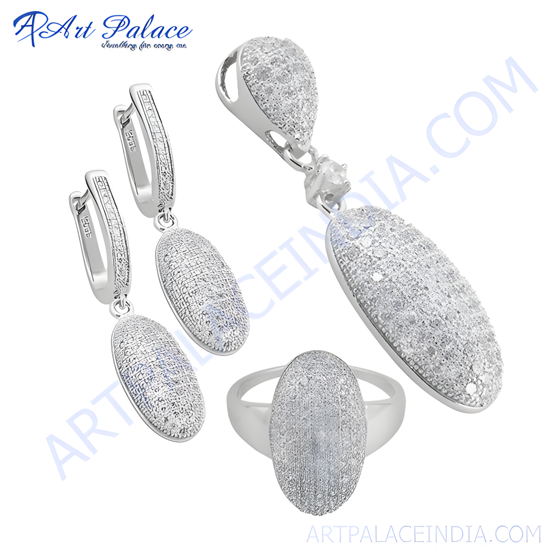 925 sterling silver jewelry set featuring cubic zirconia stones: earrings, pendant, and ring.