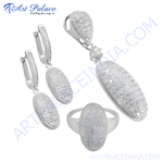 Load image into Gallery viewer, 925 sterling silver jewelry set featuring cubic zirconia stones: earrings, pendant, and ring.

