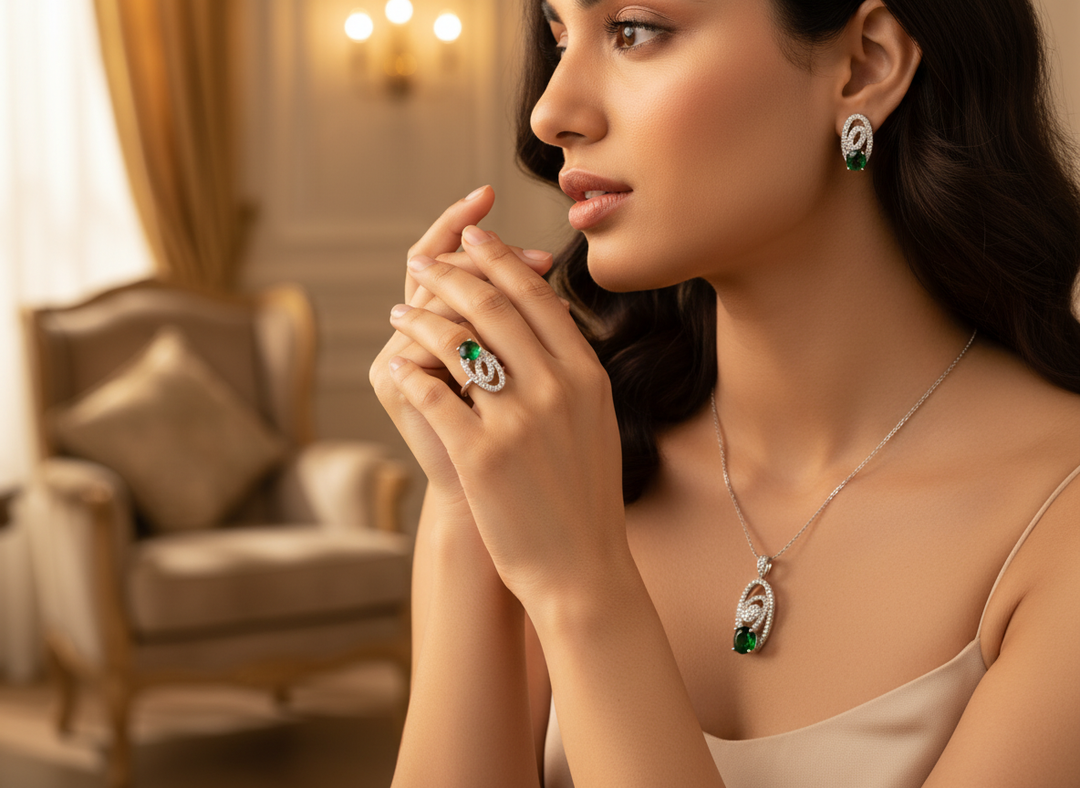 925 Silver Emerald Ring & Earrings Set for Women | Jewelry Gift