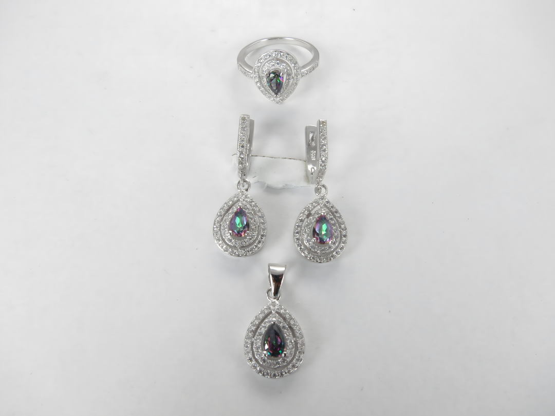 925 sterling silver jewelry set featuring mystic topaz gemstones, ring, earrings and pendant, white background