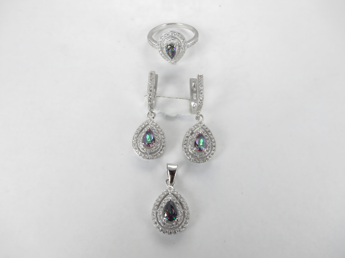 925 sterling silver jewelry set featuring mystic topaz gemstones, ring, earrings and pendant, white background