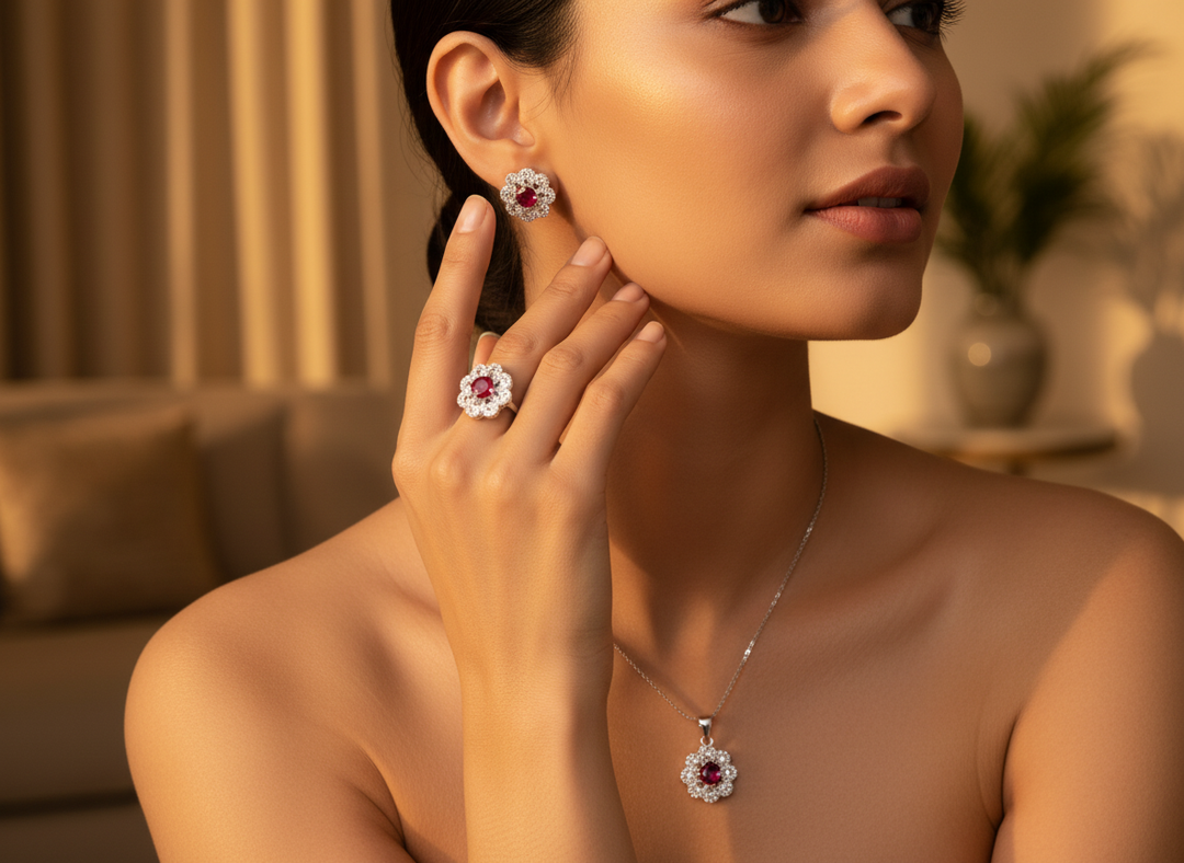 925 Silver Ruby Flower Jewelry Set | Women's Gift