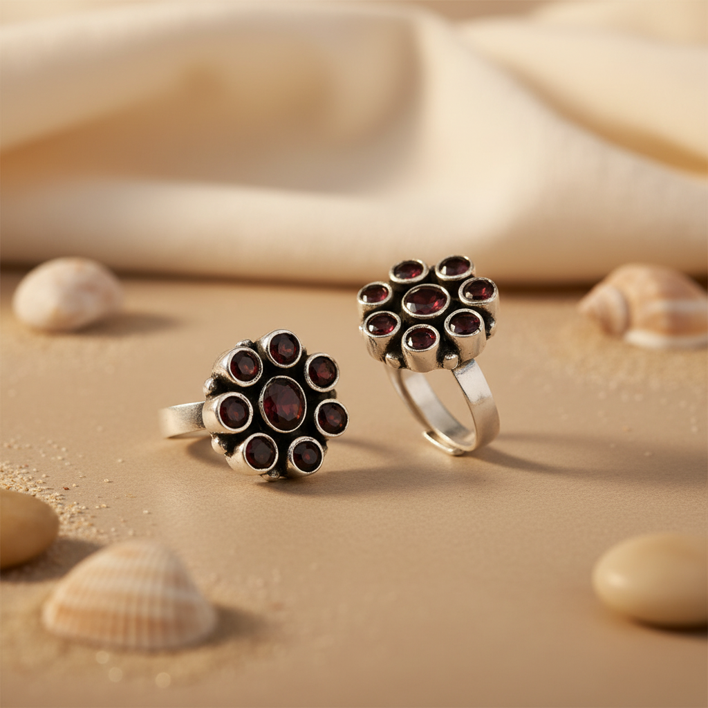 925 Silver Black Stone Toe Rings | Adjustable for Women