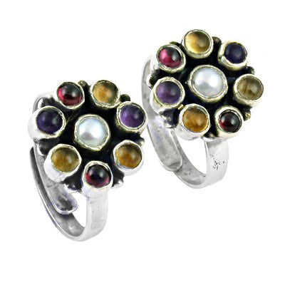 925 Silver Gemstone Toe Rings | Colorful Stone Flower Design