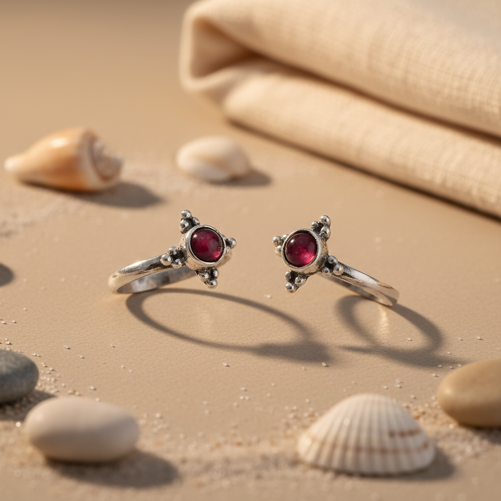 925 Silver Garnet Toe Rings for Women | Adjustable Jewelry