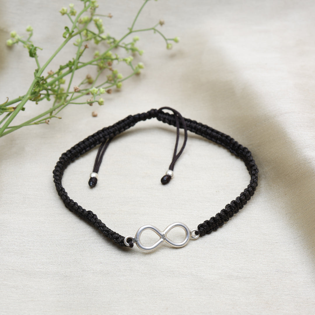 Black Cord Infinity Bracelet with Silver Charm | Adjustable