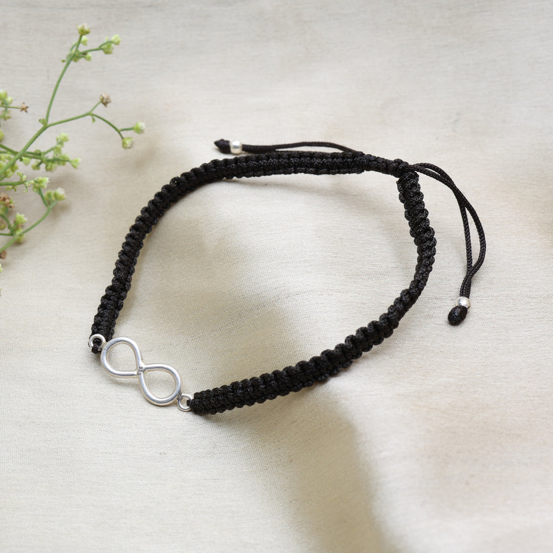 Black Cord Infinity Bracelet with Silver Charm | Adjustable