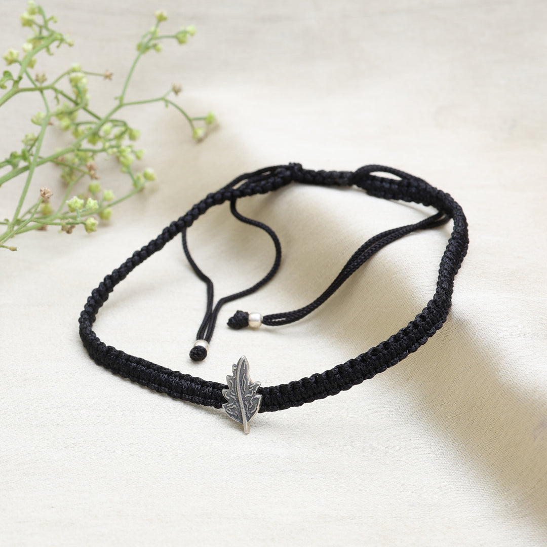 925 Sterling Silver Adjustable Leaf Bracelet with Black Cord