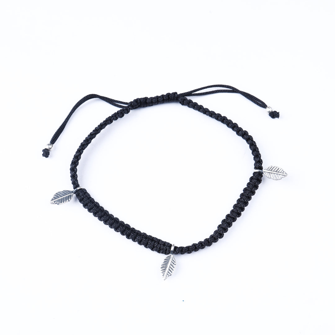 Black Macrame Cord Bracelet with Silver Leaf Charms | Adjustable