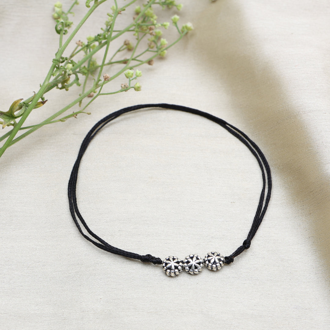 Black Cord Anklet with Three Floral Sterling Silver Charms