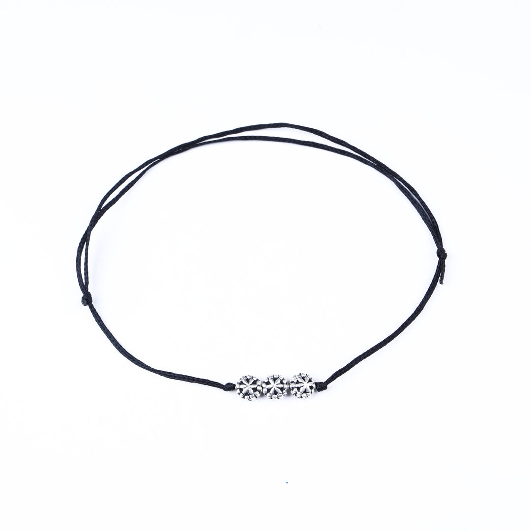 Black Cord Anklet with Three Floral Sterling Silver Charms
