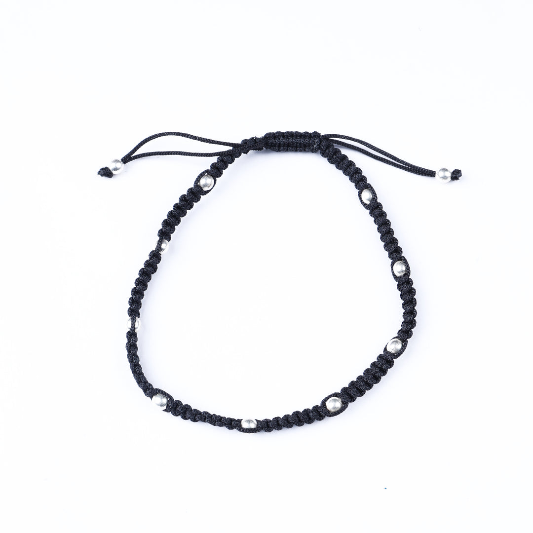 Black Macrame Bracelet with Silver Beads | Adjustable Closure
