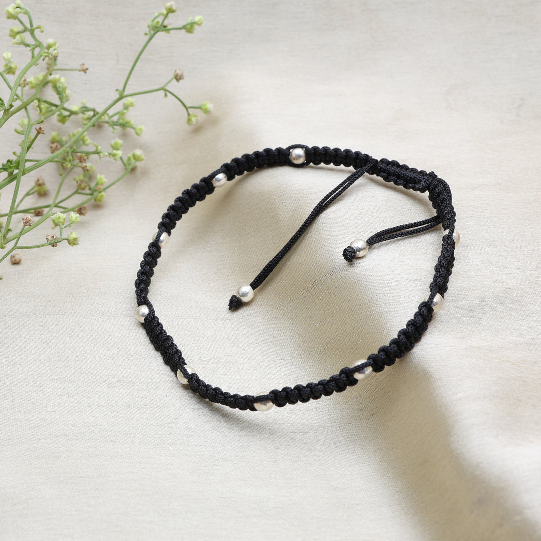 Black Macrame Bracelet with Silver Beads | Adjustable Closure