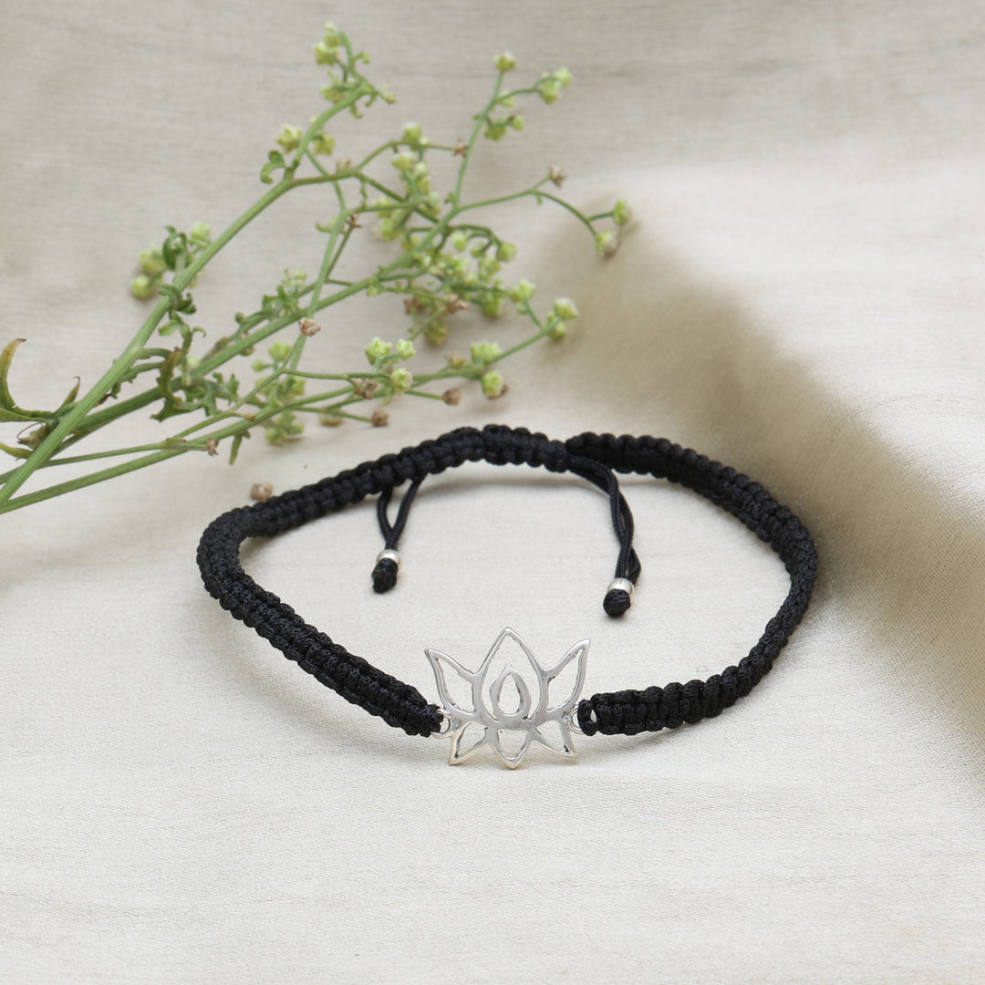 Adjustable Black Cord Bracelet with Sterling Silver Lotus Charm