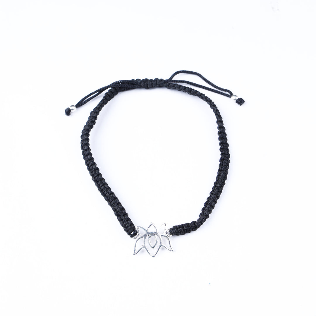 Adjustable Black Cord Bracelet with Sterling Silver Lotus Charm