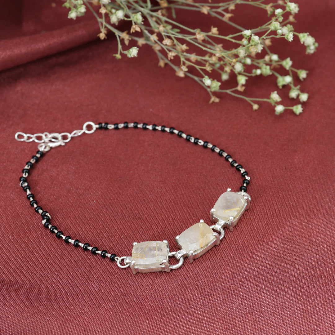 925 Silver Rutile Quartz Bead Bracelet | Women's Jewelry Gift