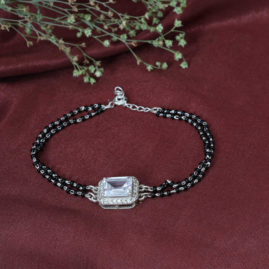 Silver Black Bead Bracelet with Emerald Cut Stone | Gift for Her
