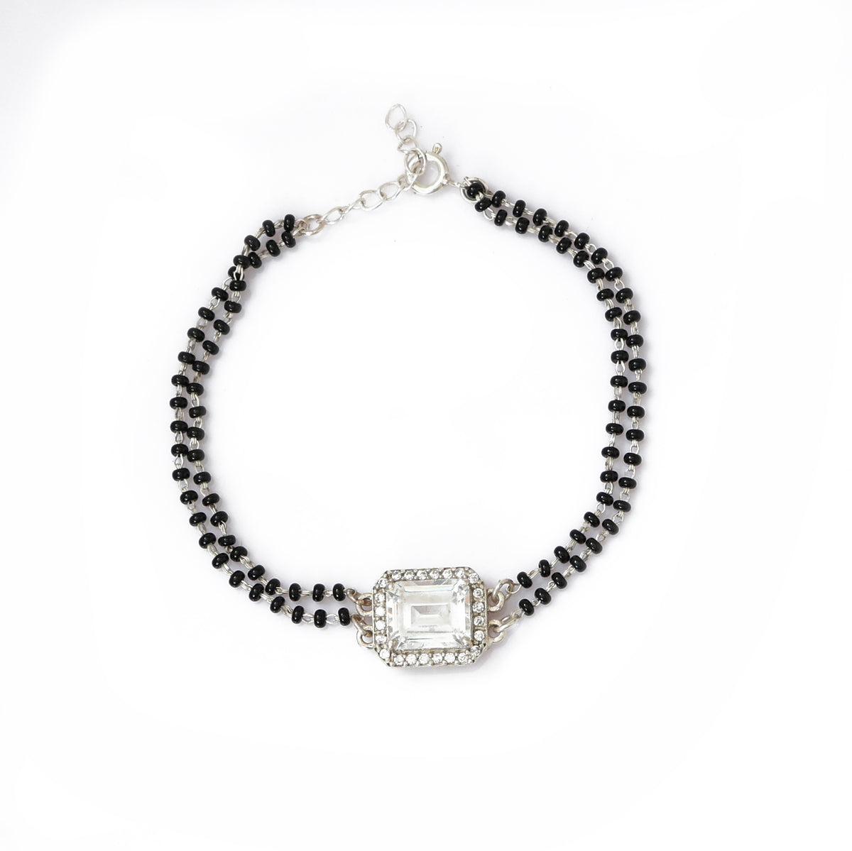 Silver black bead bracelet with emerald cut stone | gift for her