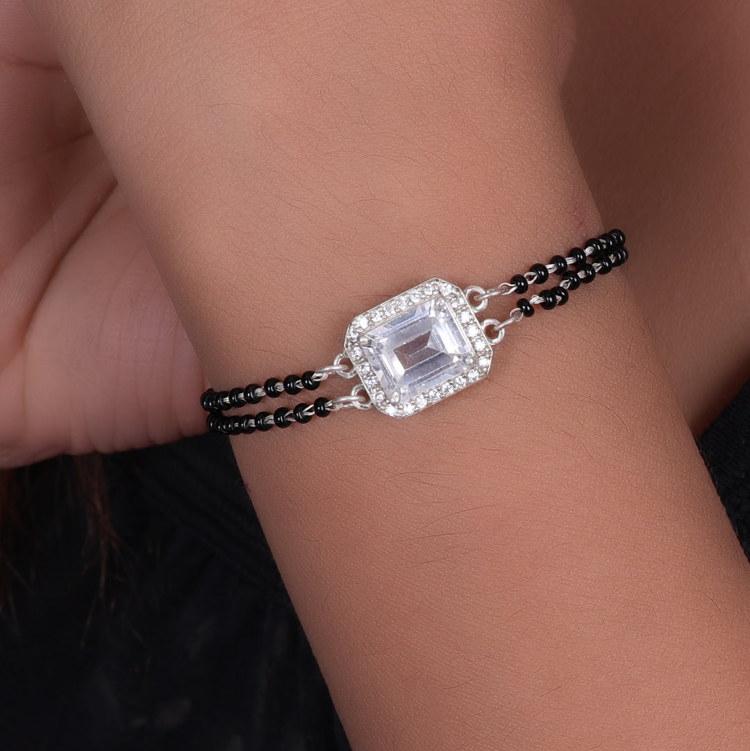 Silver Black Bead Bracelet with Emerald Cut Stone | Gift for Her