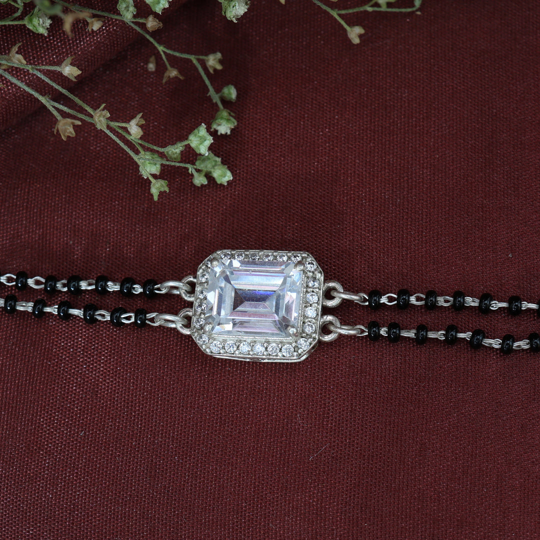 Silver Black Bead Bracelet with Emerald Cut Stone | Gift for Her