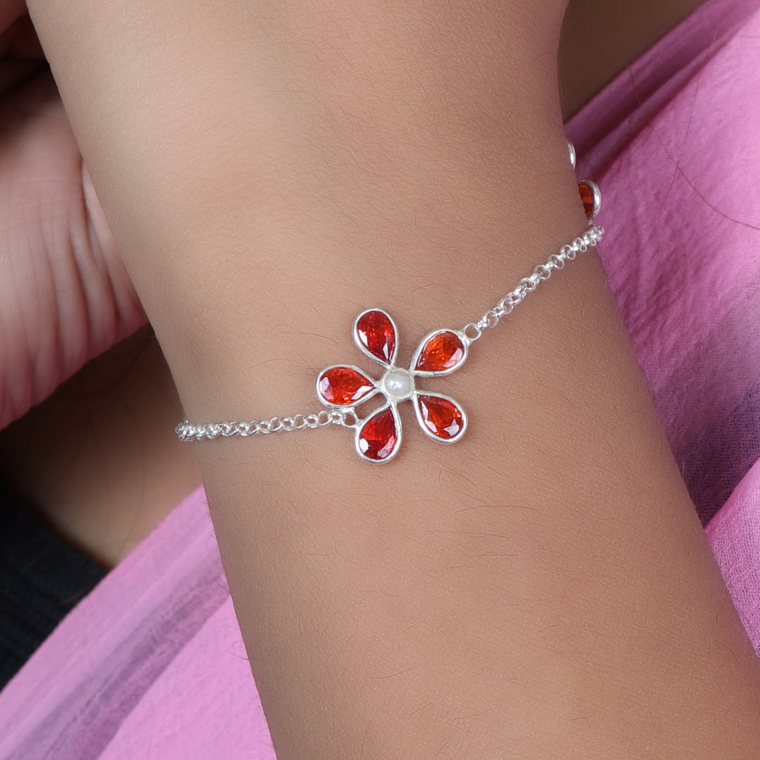 925 Silver Flower Bracelet with Garnet Stones | Women's Jewelry
