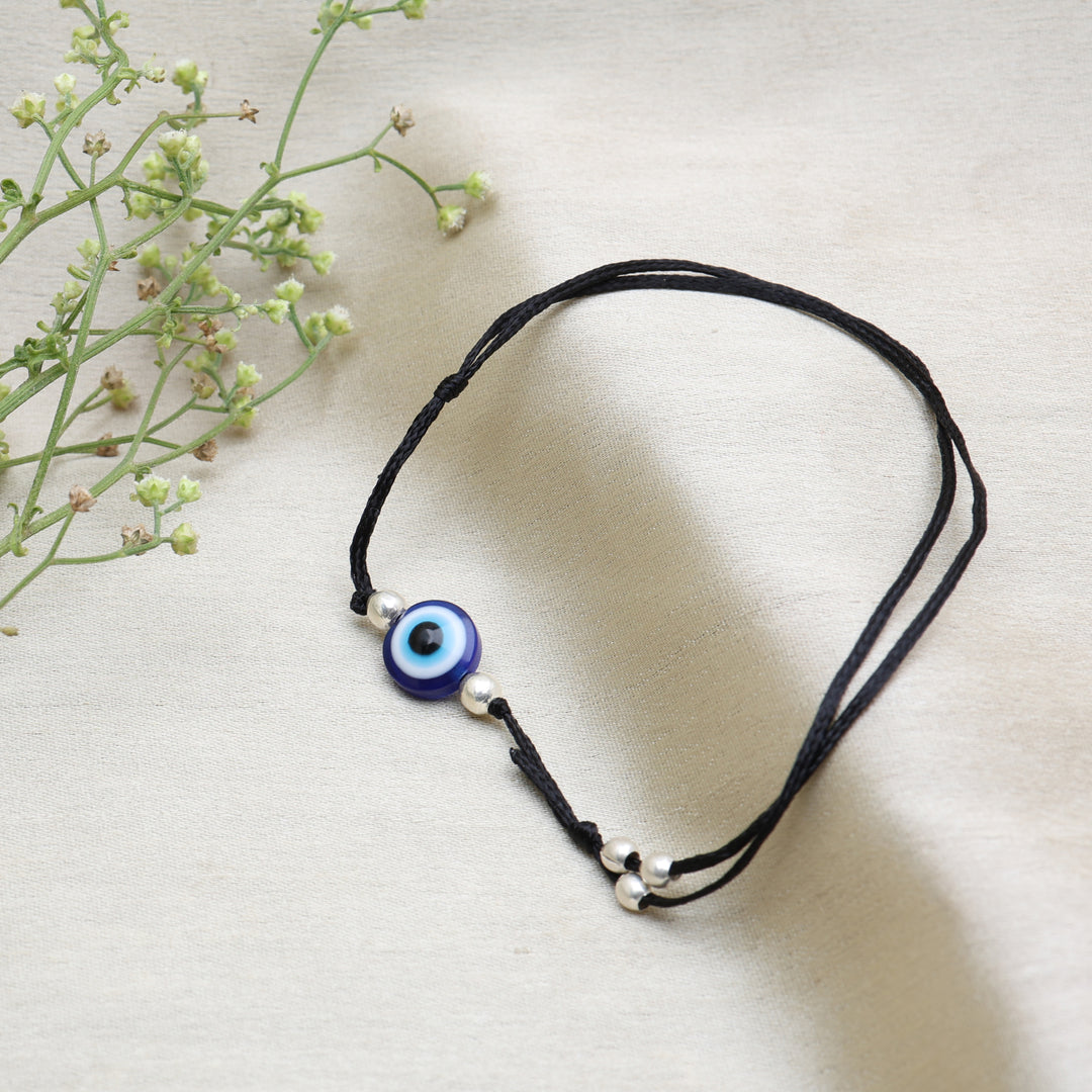 Adjustable Black Cord Evil Eye Bracelet with Silver Beads for Protection