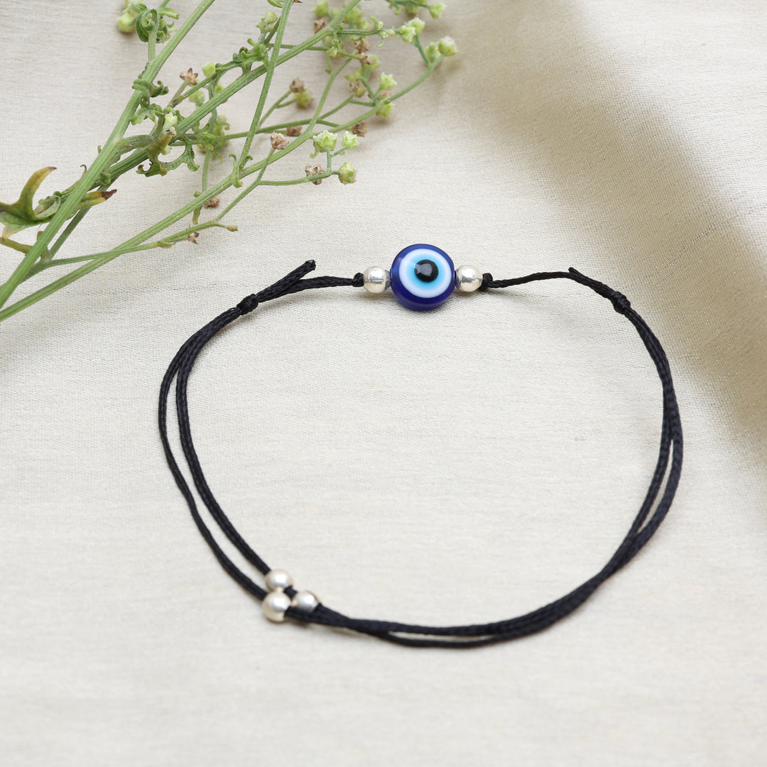 Adjustable Black Cord Evil Eye Bracelet with Silver Beads for Protection