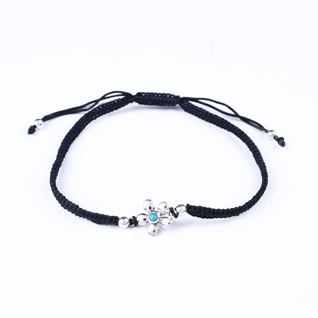 Black Cord Flower Bracelet with Turquoise Bead, Adjustable