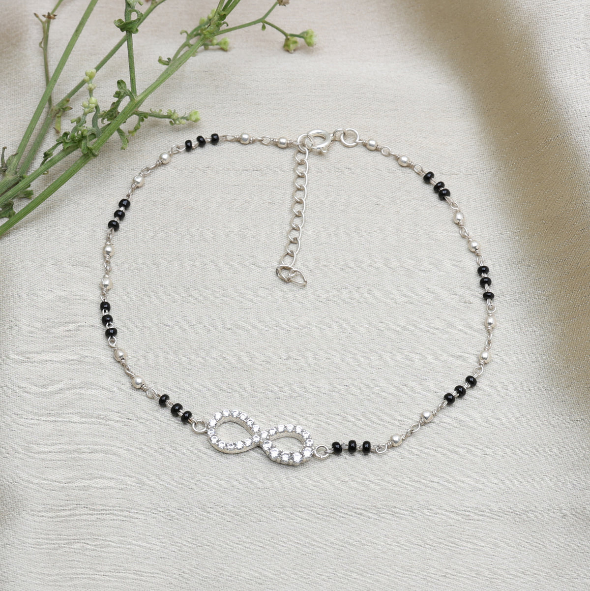 925 sterling silver infinity anklet with black beads for women
