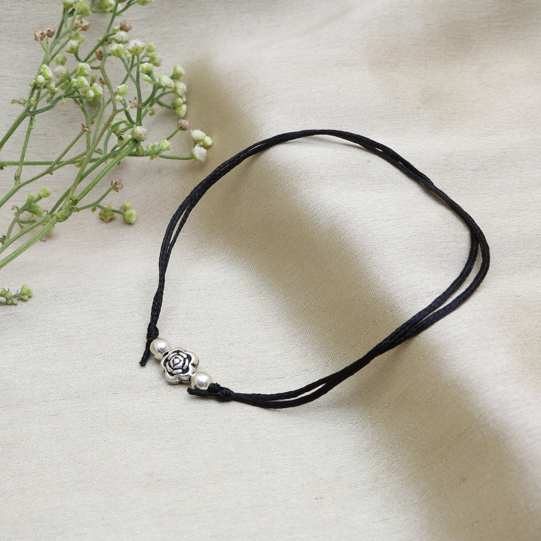 Adjustable Black Cord Anklet with Silver Rose Charm for Women