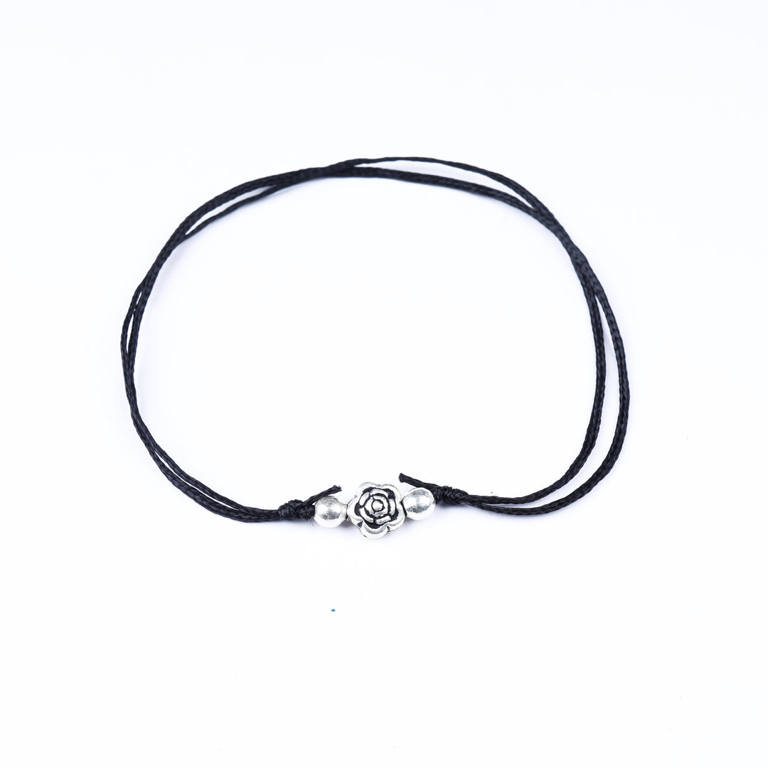 Adjustable Black Cord Anklet with Silver Rose Charm for Women