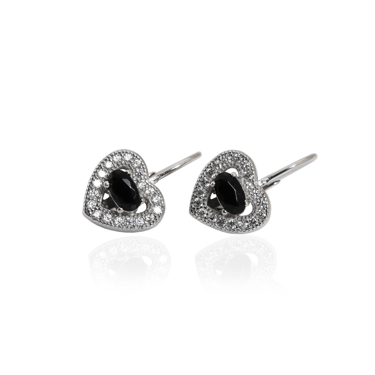 925 silver heart stud earrings with black gemstones | women's jewelry