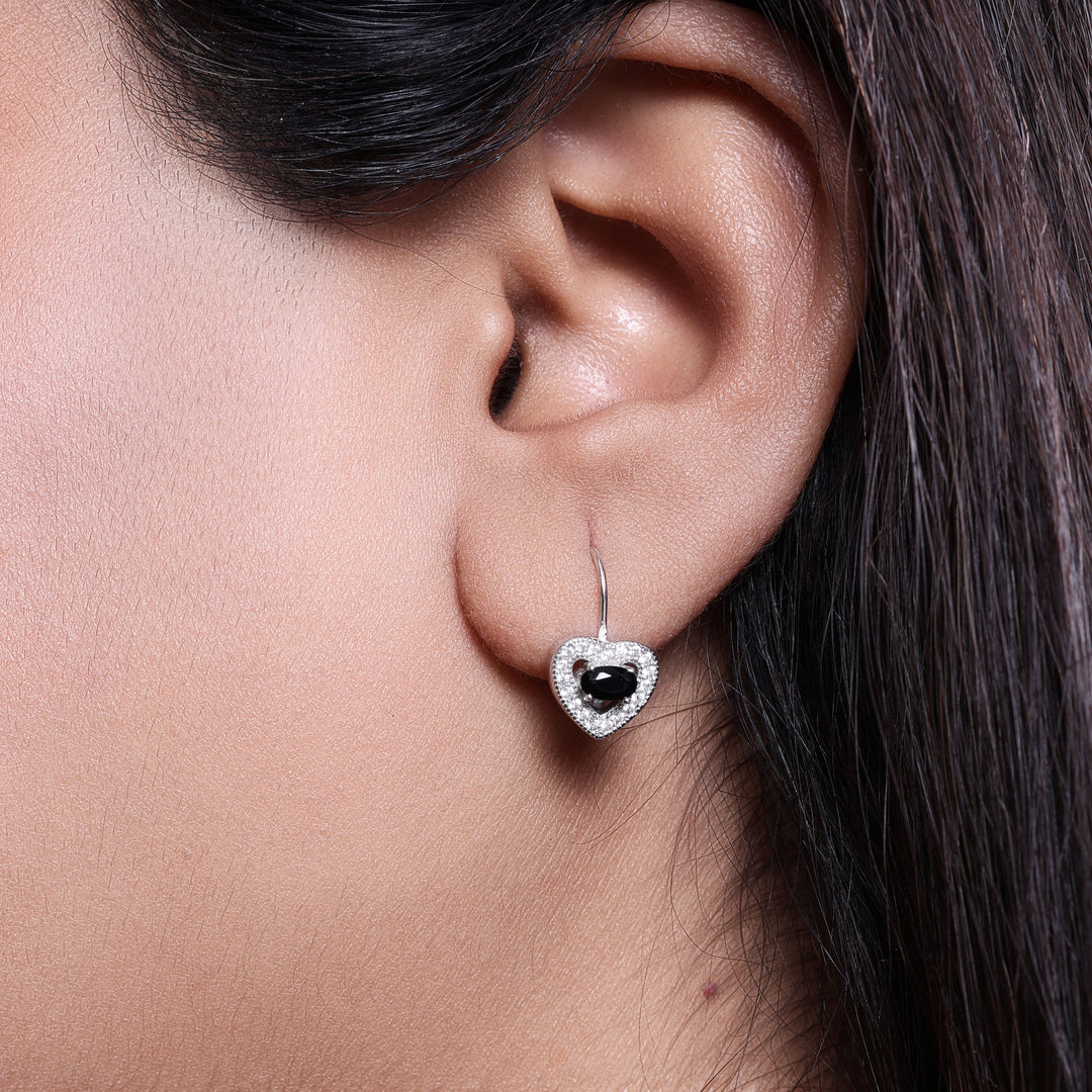 925 Silver Heart Stud Earrings with Black Gemstones | Women's Jewelry