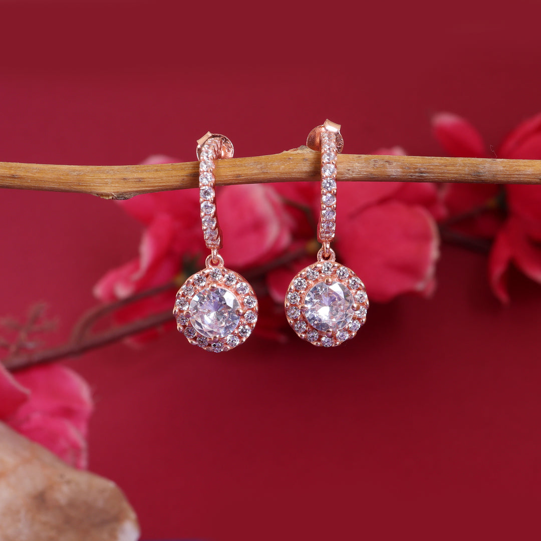 Rose gold plating Halo Drop Earrings with Cubic Zirconia | For Women