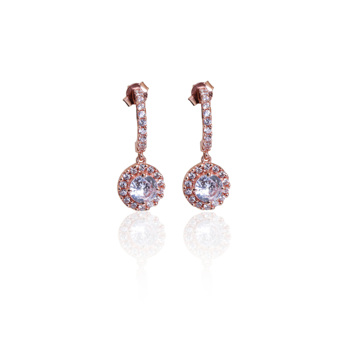 Rose gold plating halo drop earrings with cubic zirconia | for women