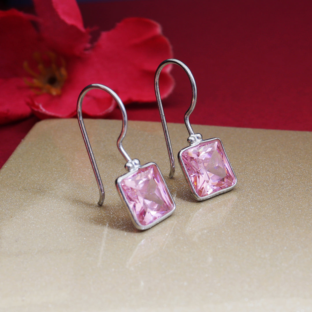 Silver Pink Gemstone Square Earrings for Women | Dangle Jewelry