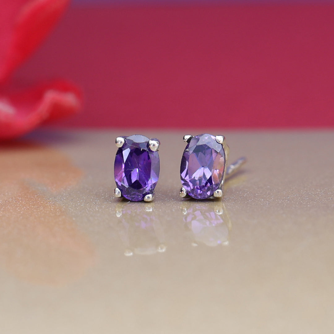 Silver Amethyst Stud Earrings for Women | Gemstone Jewelry