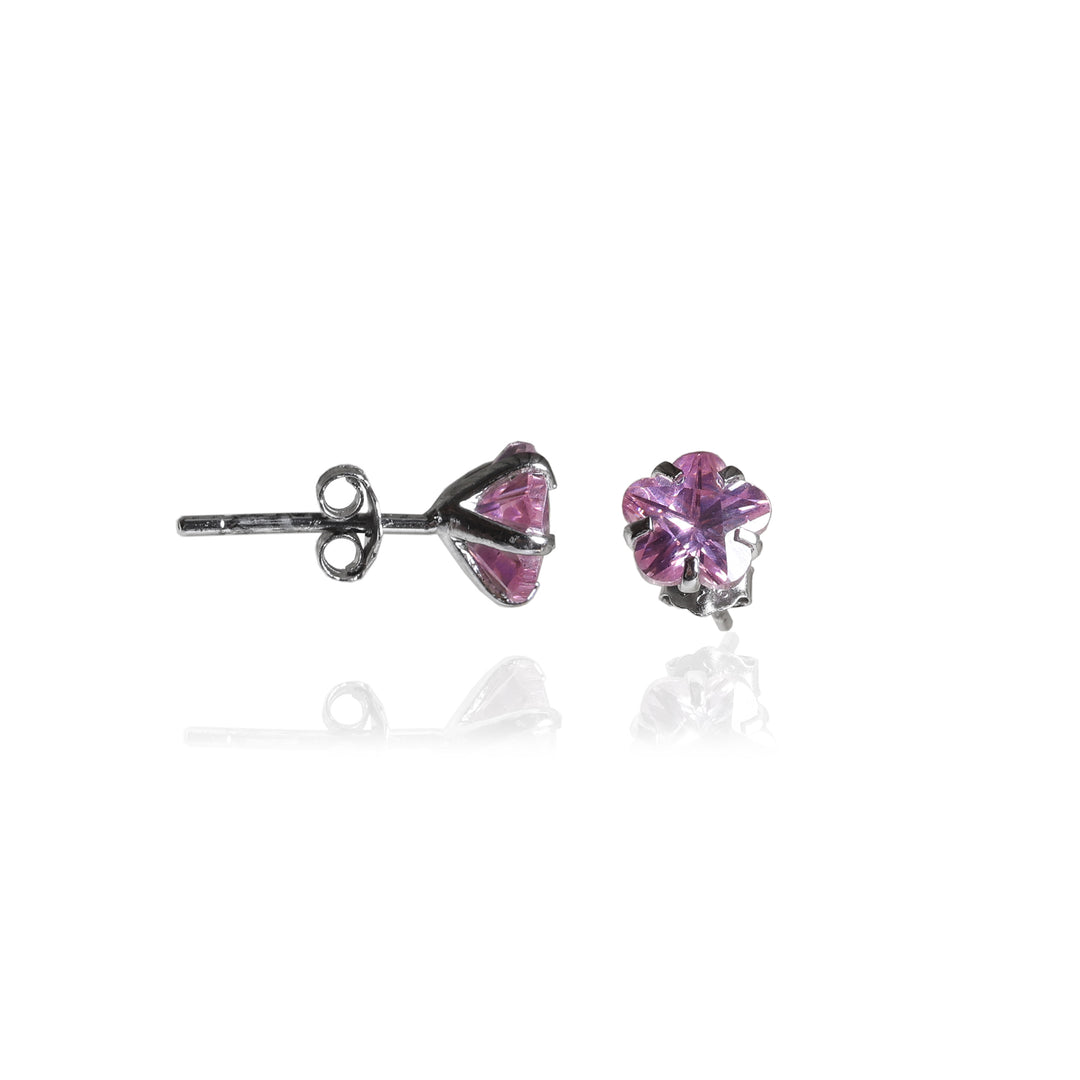 Silver Pink Sapphire Stud Earrings | Flower Design | For Women