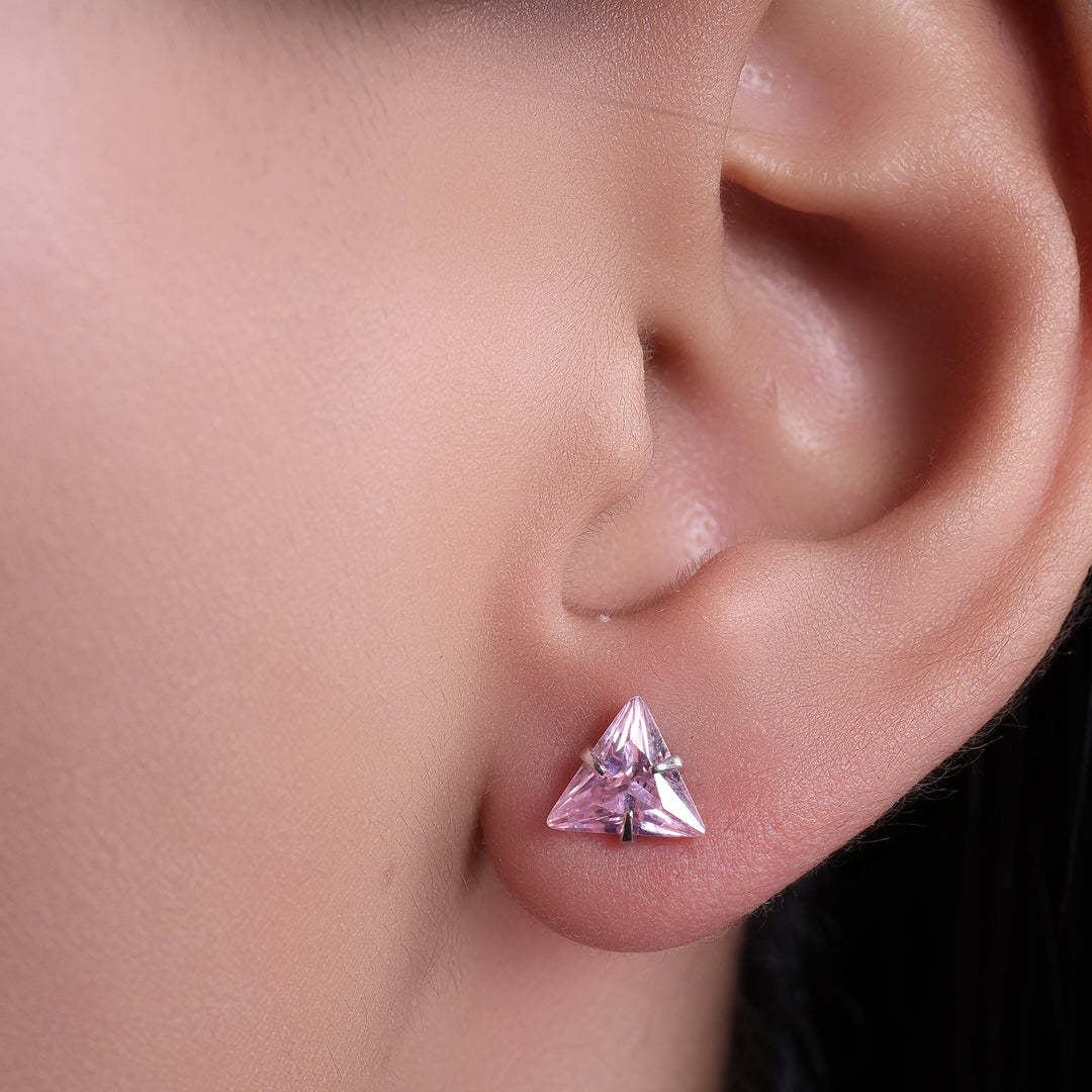 Silver Pink Trillion Stud Earrings for Women | Gift Jewelry