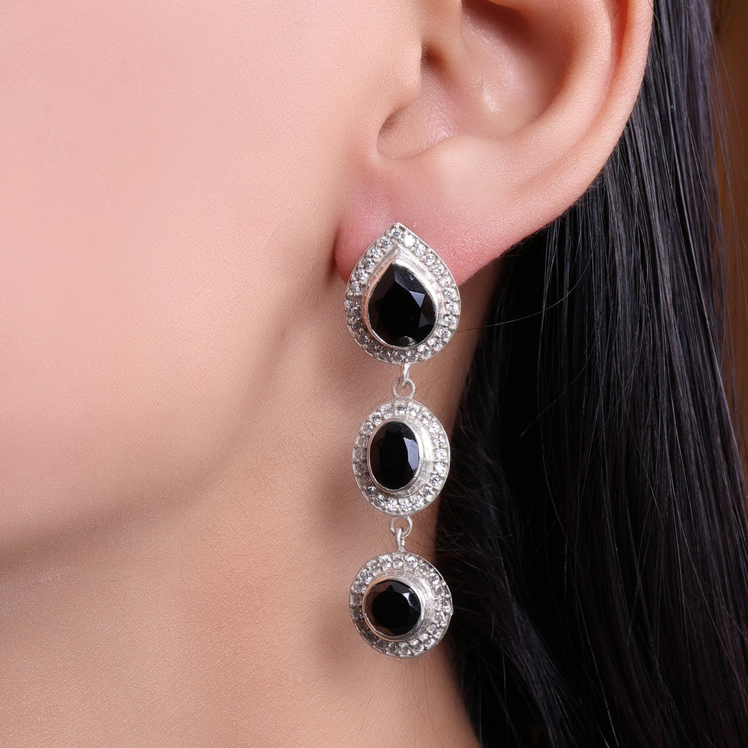 925 Silver Black Gemstone Dangle Earrings | For Women | Gift