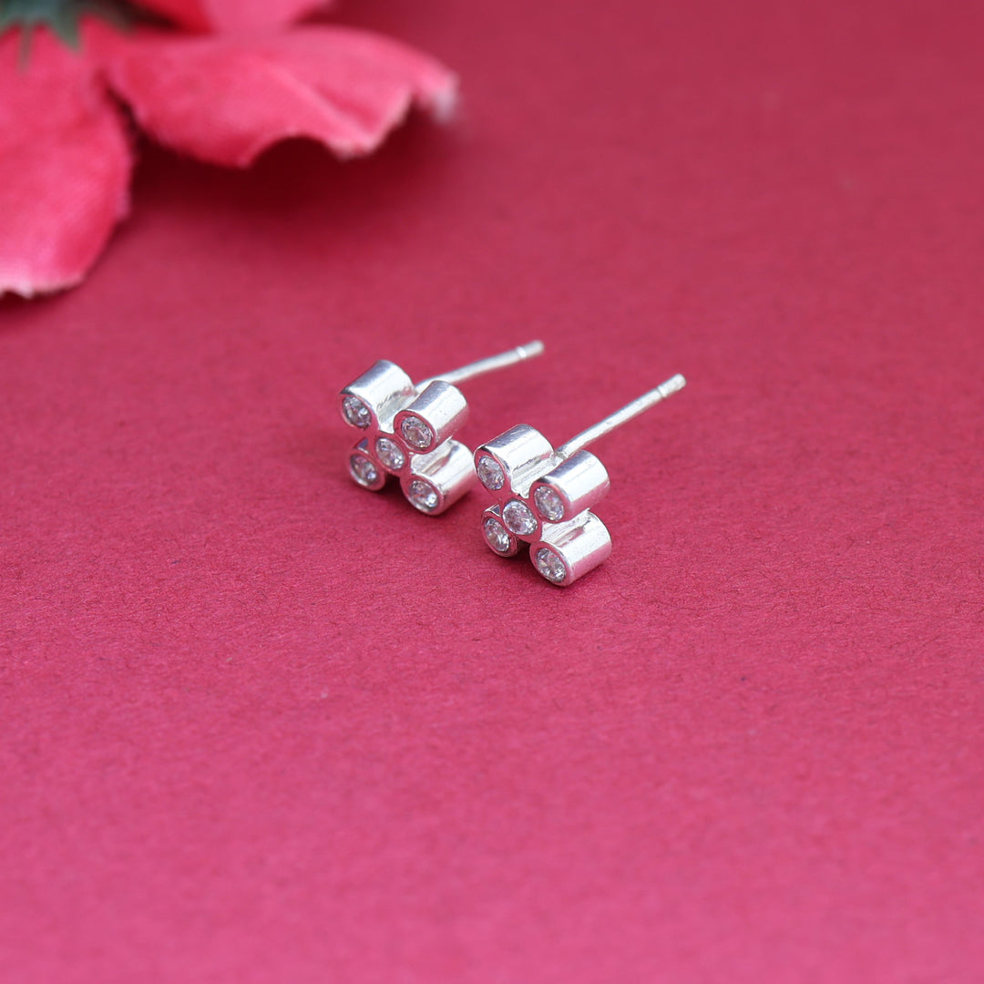 Silver Cubic Zirconia Stud Earrings | Flower Design | For Women