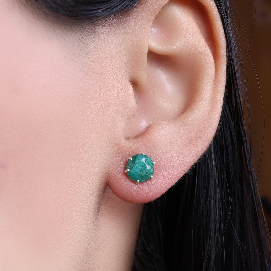 Emerald Stud Earrings in Silver for Women | Gemstone Jewelry