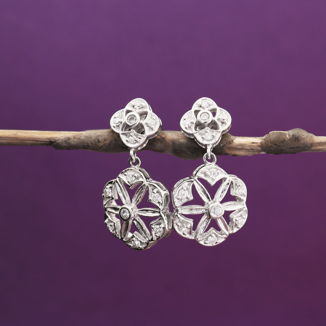 Pendientes de plata con flores y diamantes para mujer | Pendientes colgantes