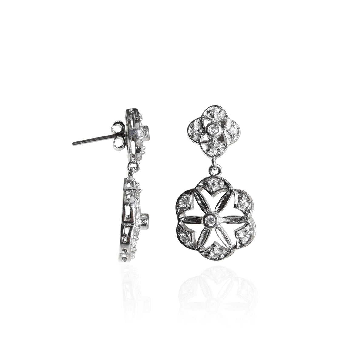 Silver flower earrings with diamonds for women | dangle earrings