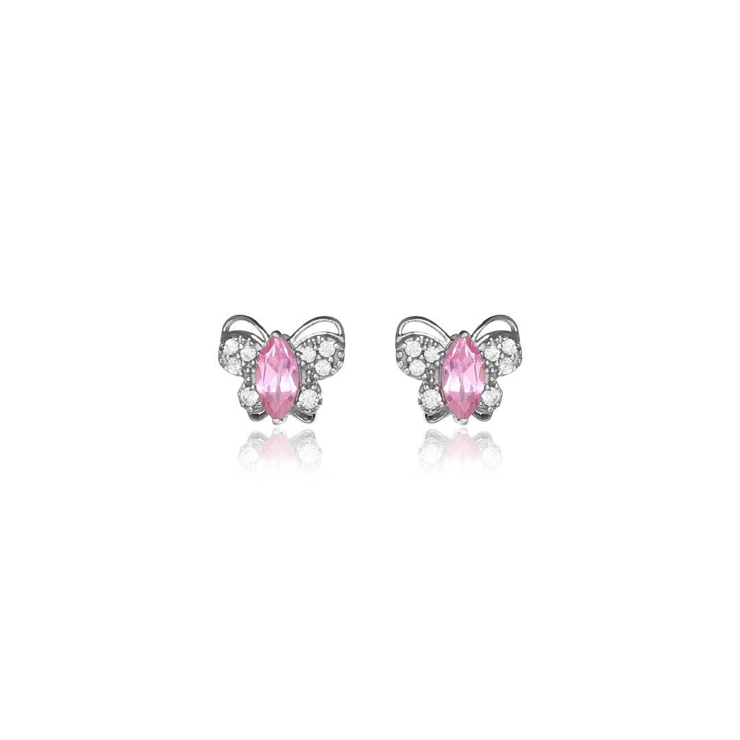 Silver Butterfly Stud Earrings with Pink Gemstones | Gift for Her