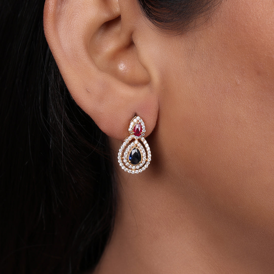 Gold Teardrop Earrings with Ruby and Sapphire | Women's Jewelry